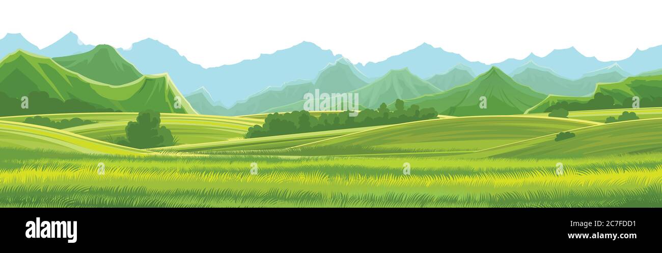 Prairies, collines et montagnes. Arrière-plan vectoriel. Pâturages verts alpins, herbe. Paysage horizontal. Été, jour de printemps. Décor. Illustration de Vecteur