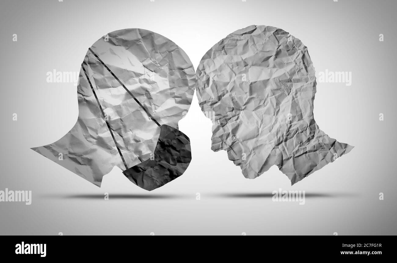 Masque de guerre débat et masques chirurgicaux mandat conflit comme deux côtés l'un portant un visage couvrant et une autre personne refusant de porter la protection contre le virus. Banque D'Images