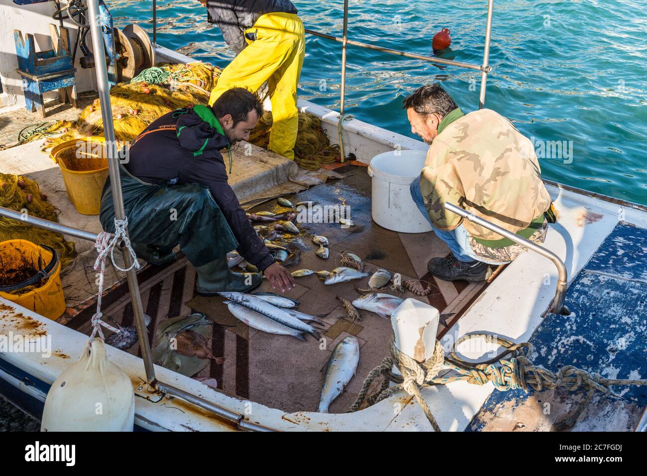 Katakolo, Grèce - 11 novembre 2019 : pêcheurs grecs partageant les prises après avoir pêché dans son bateau. La pêche dans les bateaux traditionnels en bois reste un impo Banque D'Images