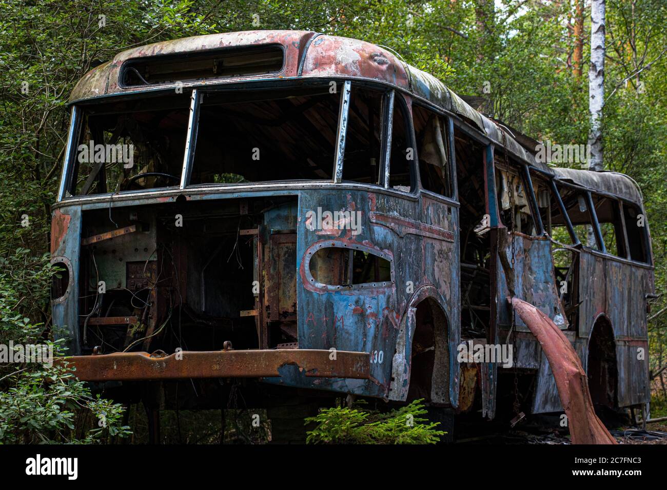 Vieux bus rouillé et abandonné au milieu de la forêt Banque D'Images