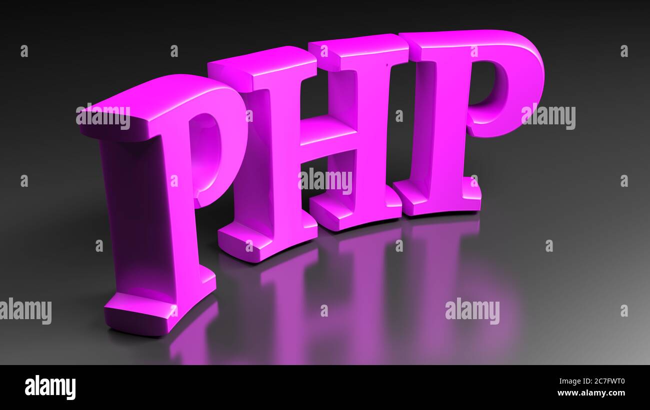 PHP violet rose Bent write isolé sur fond noir - illustration de rendu 3D Banque D'Images