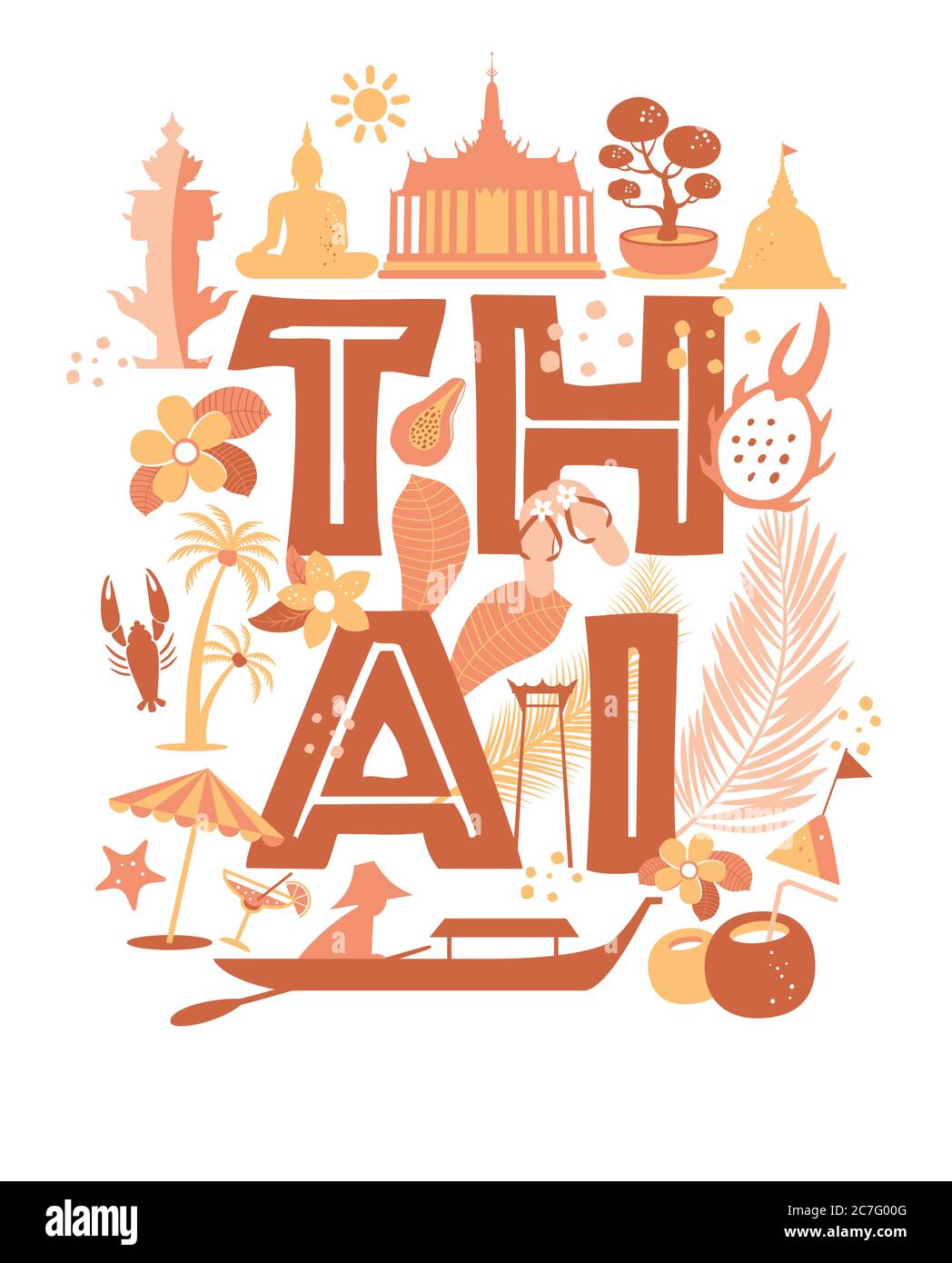 Collection de symboles thaïlandais. Poster vectoriel. Carte postale en couleur tendance. Illustration de voyage. Illustration de Vecteur