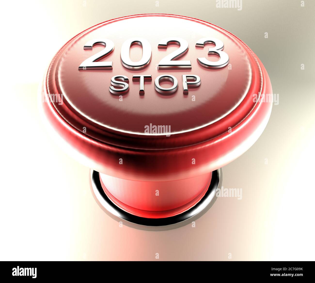 2023 ARRÊT sur le bouton-poussoir d'urgence rouge - illustration du rendu 3D Banque D'Images