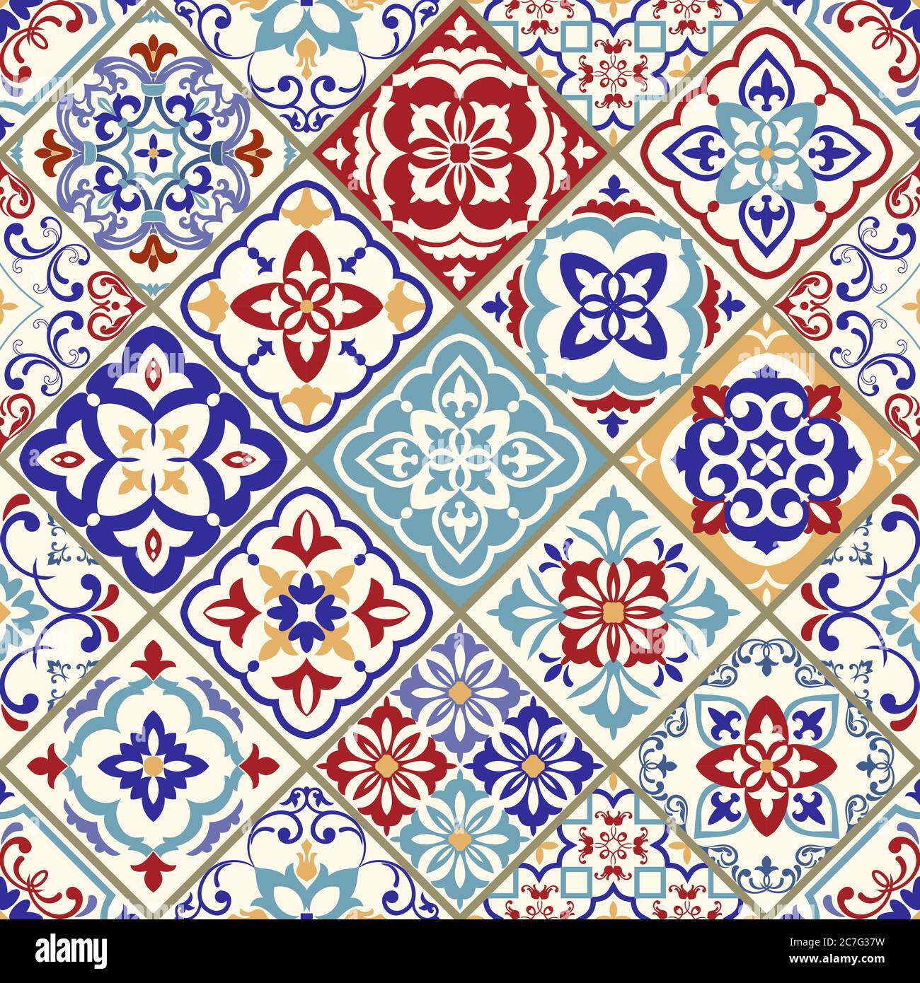 Patchwork coloré sans couture dans le style turc. Arrière-plan dessiné à la main. Mosaïque azulejos. Décor portugais, Espagne. Motif arabe, indien, pouf. Illustration de Vecteur