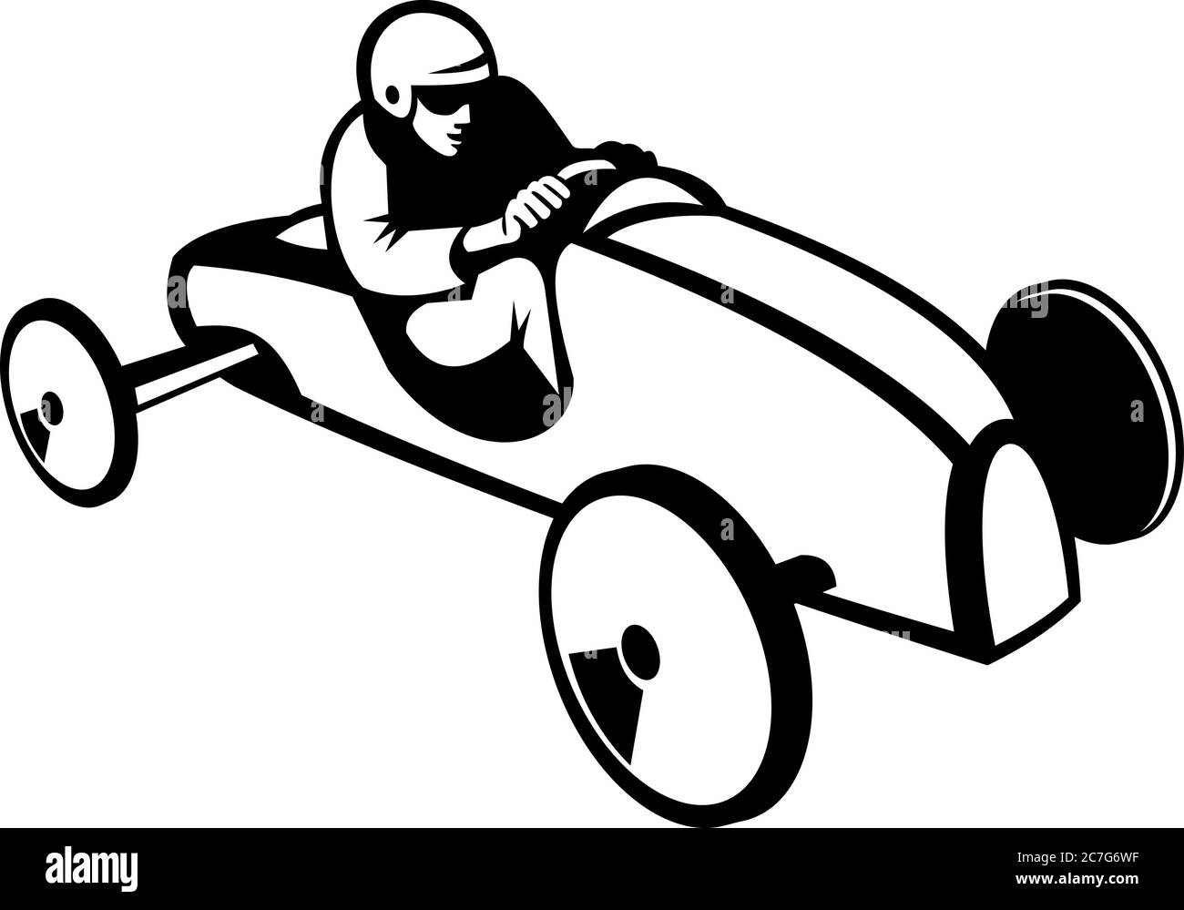 Illustration rétro en noir et blanc d'une course de course de course de course de type Derby ou Soapbox en compétition, vue de côté sur fond blanc isolé. Illustration de Vecteur