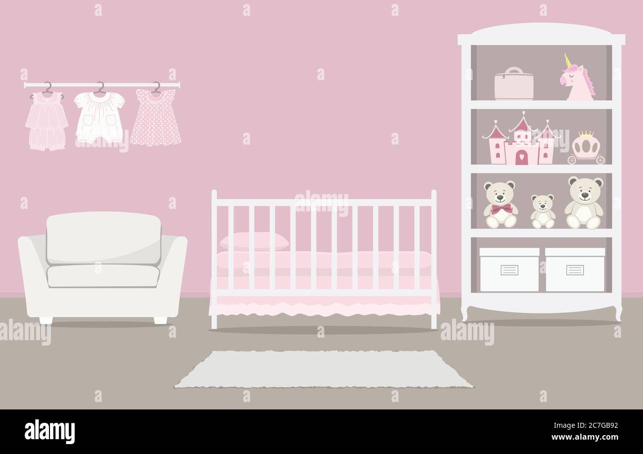 Chambre Rose Pour Une Petite Fille Chambre Pour Un Nouveau Ne Interieur Il Y A Un Lit Bebe Une Armoire Avec Des Jouets Un Fauteuil Des Vetements Pour Bebe Ici Image Vectorielle Stock