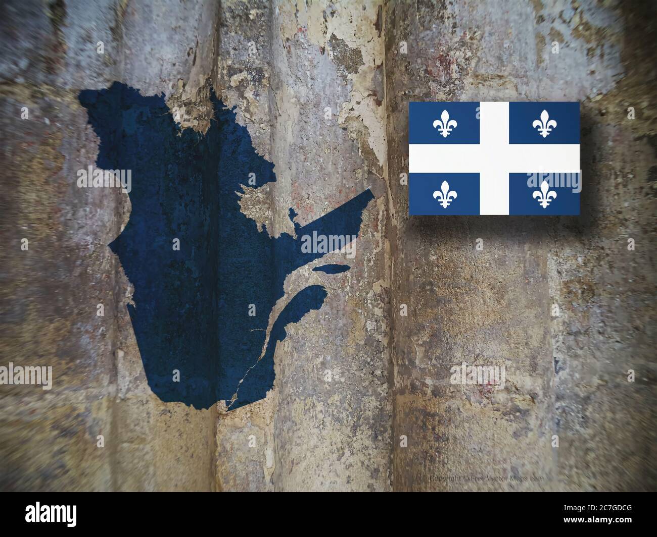 Carte et drapeau du Québec, province du Canada, sur fond de bois, illustration 3D Banque D'Images