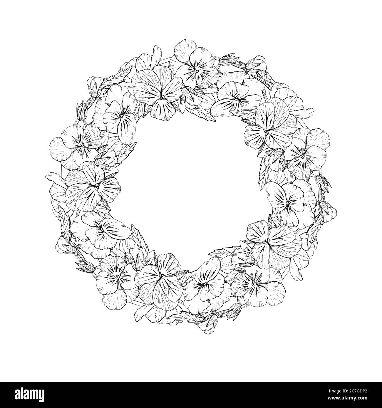 Couronne circulaire à fleurs en sansy monochrome dessinées à la main. Élément à motif fleuri. Isolé sur fond blanc. Vecteur Illustration de Vecteur