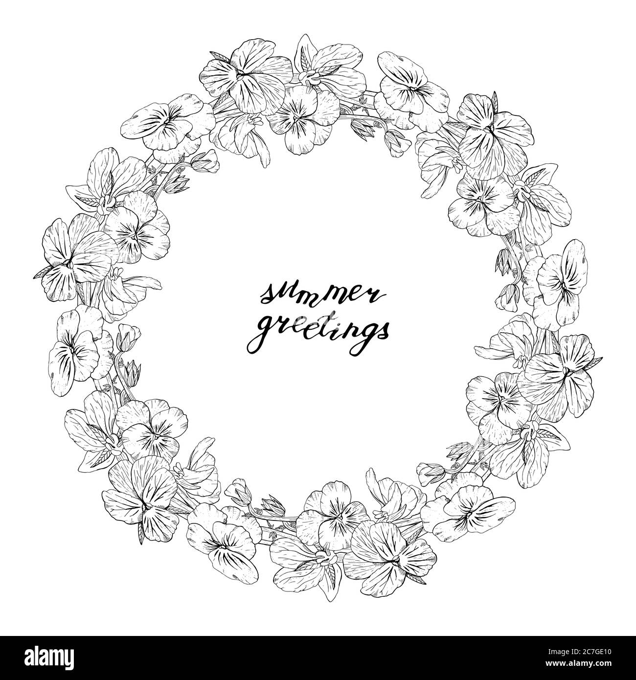 Couronne circulaire à fleurs en sansy monochrome dessinées à la main. Élément à motif fleuri. Isolé sur fond blanc. Vecteur Illustration de Vecteur