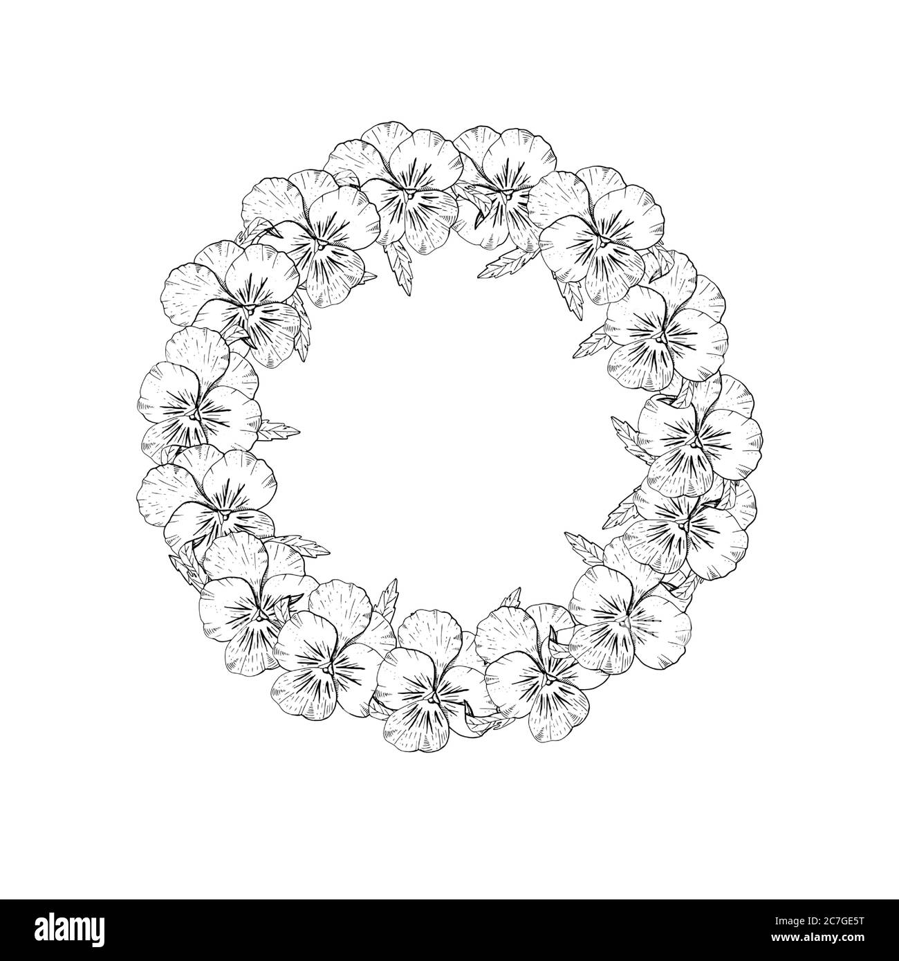 Couronne circulaire à fleurs en sansy monochrome dessinées à la main. Élément à motif fleuri. Isolé sur fond blanc. Vecteur Illustration de Vecteur