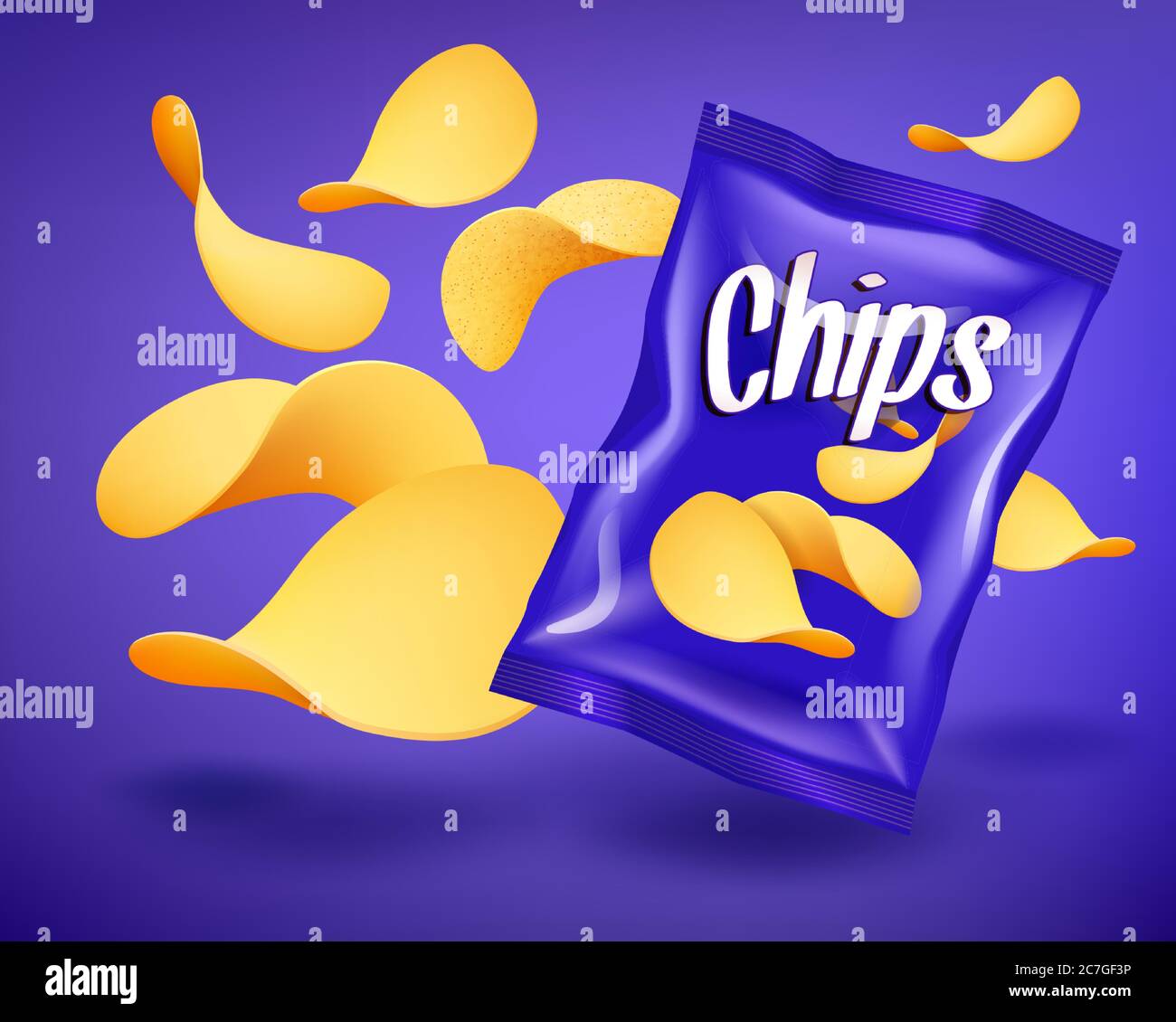 Blue Chips maquette paquet jaune avec des collations croustillantes, concept de publicité Illustration de Vecteur Blue Chips maquette paquet jaune avec des collations croustillantes, concept de publicité Illustration de Vecteur