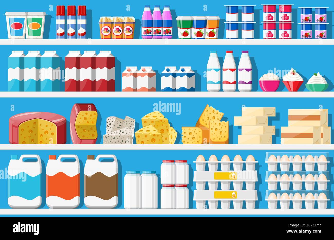 Vitrine réfrigérateur pour refroidir les produits laitiers. Bouteilles et boîtes de différentes couleurs dans le réfrigérateur. Réfrigérateur distributeur de refroidissement. Lait, yaourt, crème sure, fromage, œufs. Illustration vectorielle plate Illustration de Vecteur