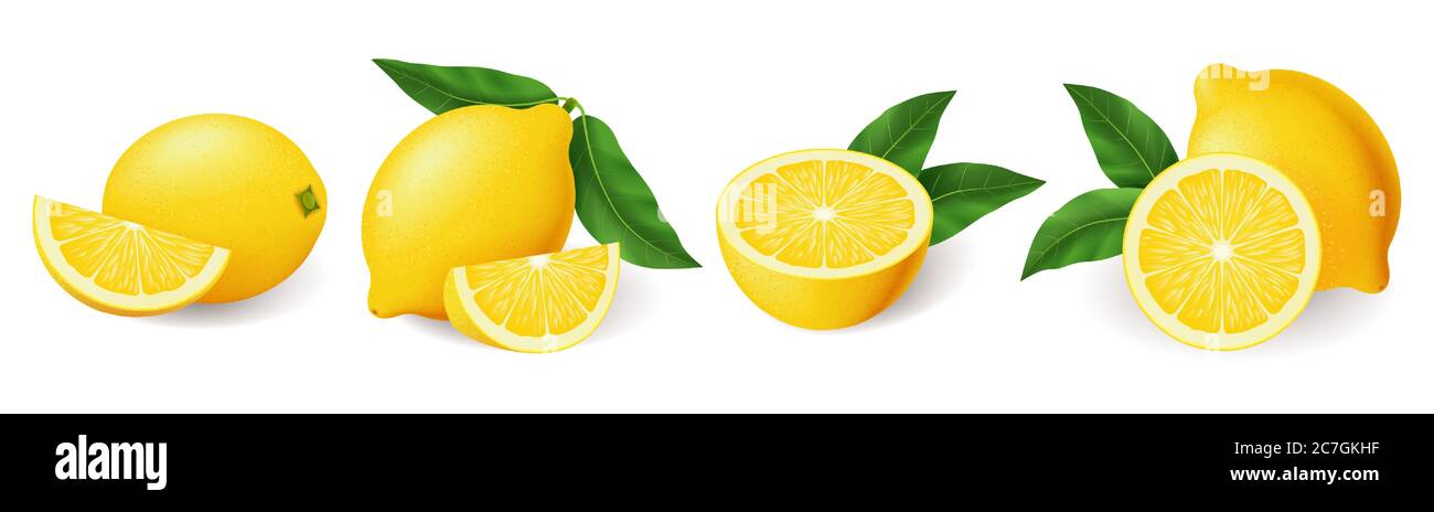 Citron jaune vif réaliste avec feuille verte série entières et tranchées Illustration de Vecteur