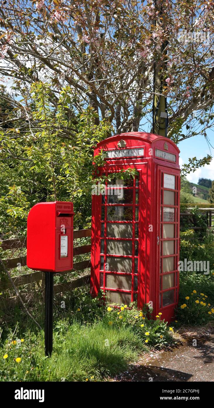 Vue verticale d'une cabine téléphonique rouge à côté d'un boîte postale entourée de verdure Banque D'Images