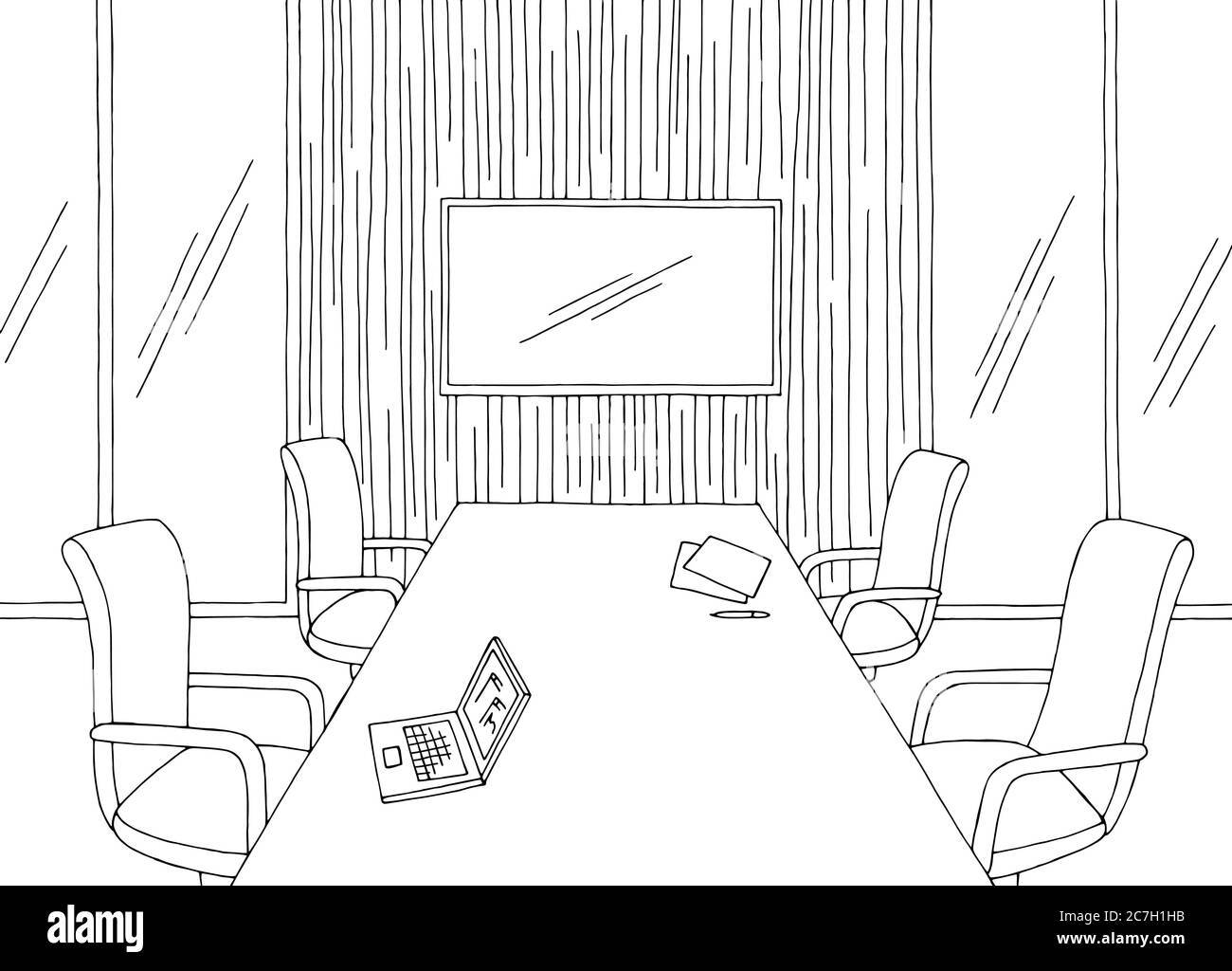 Salle de conférence bureau intérieur graphique noir blanc dessin illustration vecteur Illustration de Vecteur