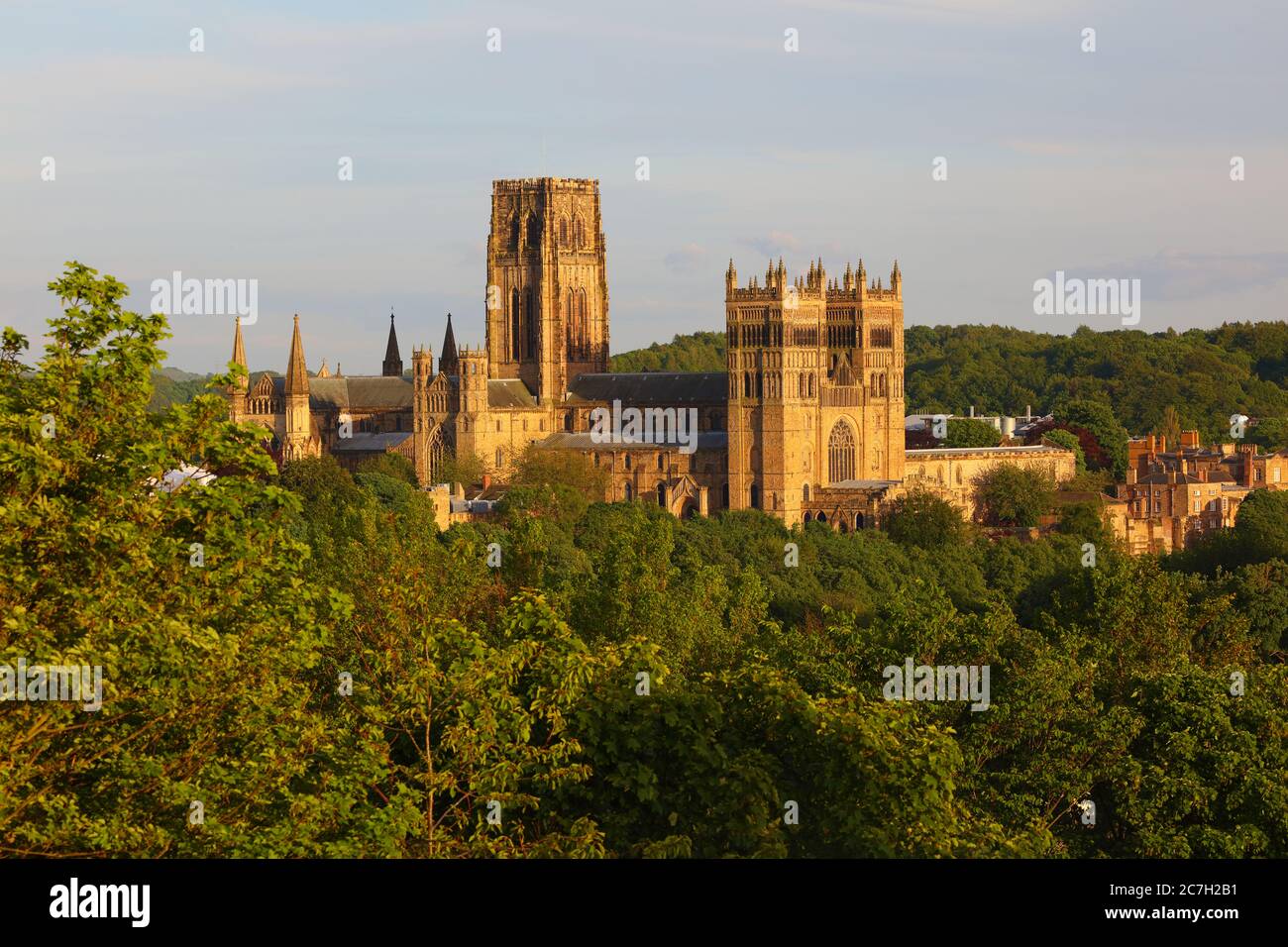 La cathédrale de Durham est entourée d'arbres dans un cadre chaleureux et lumineux le soir. Comté de Durham, Angleterre, Royaume-Uni. Banque D'Images