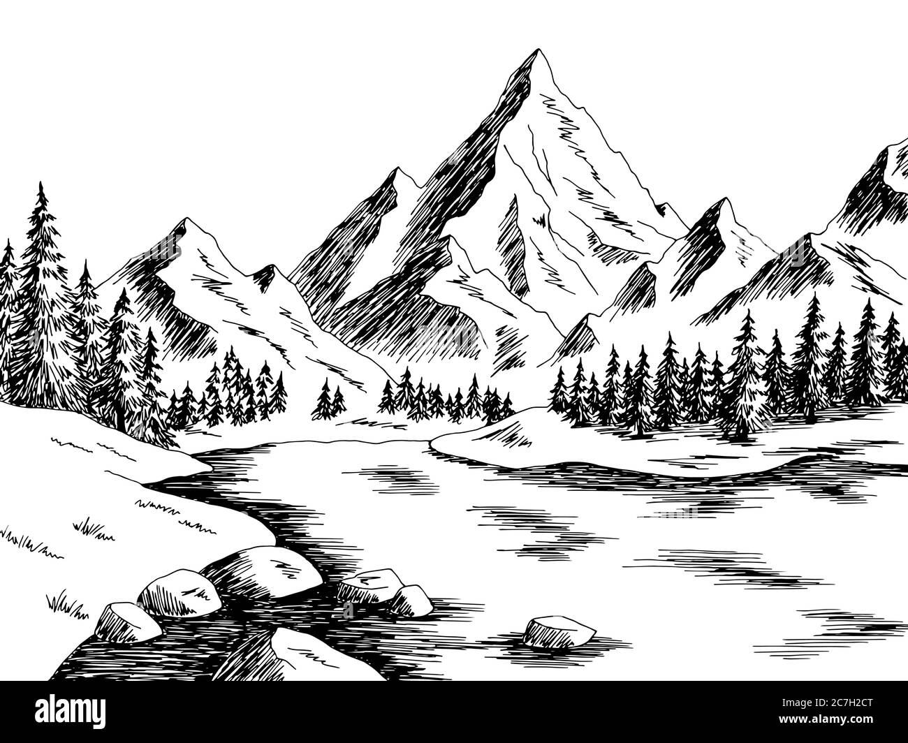 Mountain Lake graphique noir blanc paysage dessin illustration vecteur Illustration de Vecteur