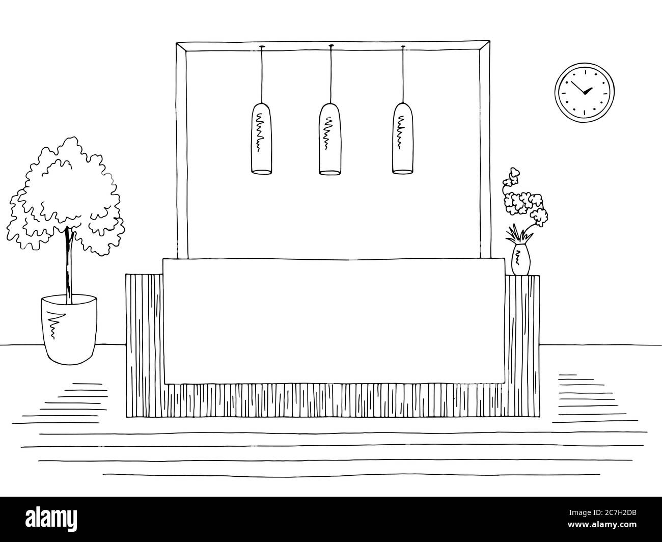 Réception de l'hôtel intérieur graphique noir blanc dessin illustration vecteur Illustration de Vecteur