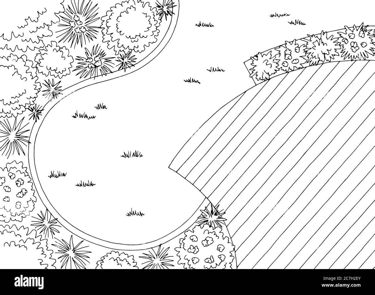 Jardin paysage architecte design arrière plan graphique noir blanc esquisse vue aérienne illustration vecteur Illustration de Vecteur