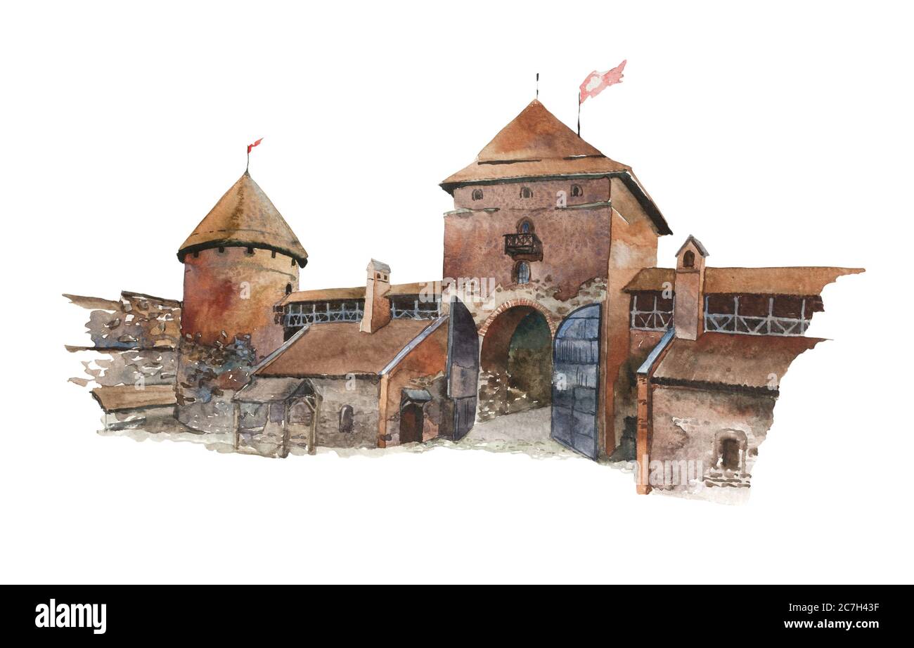 Aquarelle château médiéval Trakai en Lituanie, illustration de la cour intérieure, isolé sur fond blanc Banque D'Images