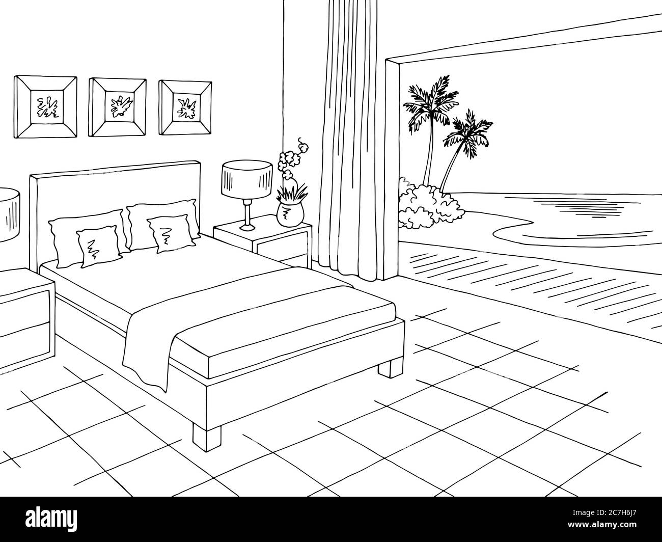 Chambre mer paysage graphique noir blanc maison intérieur esquisse illustration vecteur Illustration de Vecteur
