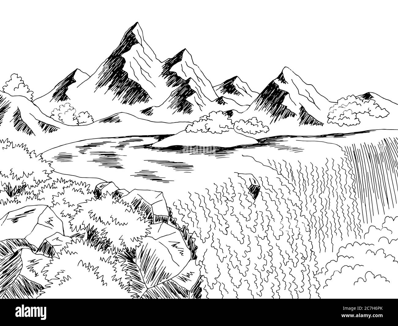 Cascade montagne rivière graphique noir blanc paysage esquisse illustration vecteur Illustration de Vecteur
