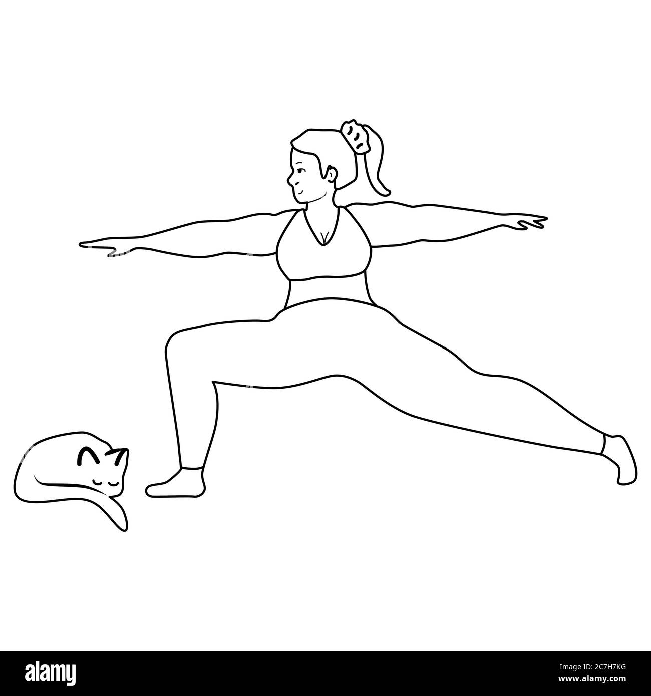 Décrivez la fille qui fait du yoga sur fond blanc isolé. Entraînement à domicile pour modèle Web, page d'arrivée, imprimé de carte ou de tissu, livre de couleurs. Cours de fitness ou c Illustration de Vecteur