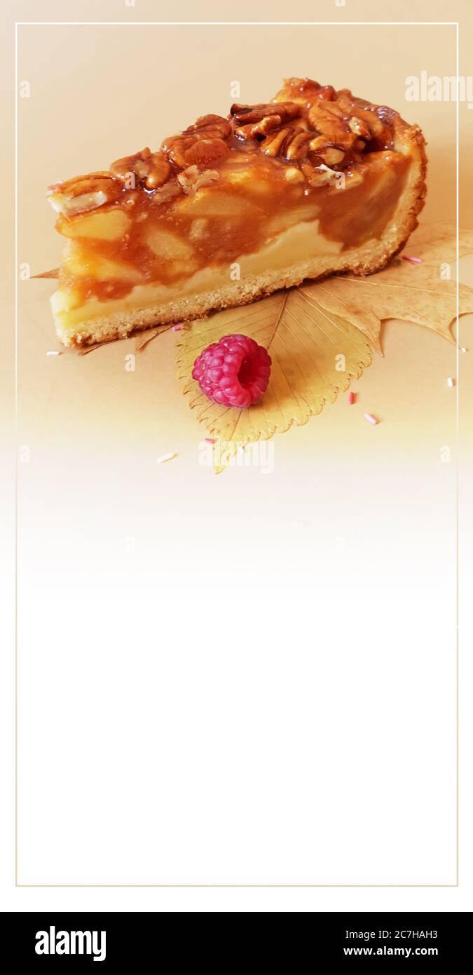 Un morceau de tarte aux pommes et aux noix avec framboises feuilles d'automne avec garniture sur fond plat Banque D'Images