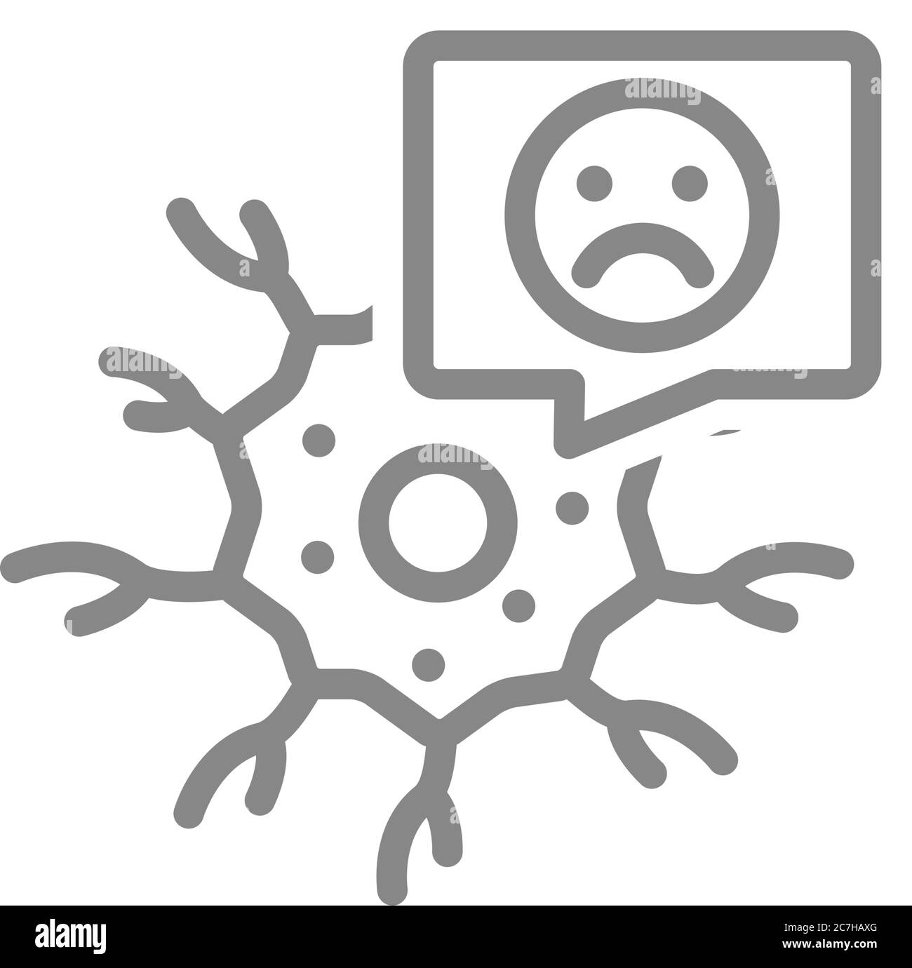 Neurone avec visage triste dans l'icône de ligne de bulle de parole. Symbole de tissu neural de la maladie Illustration de Vecteur