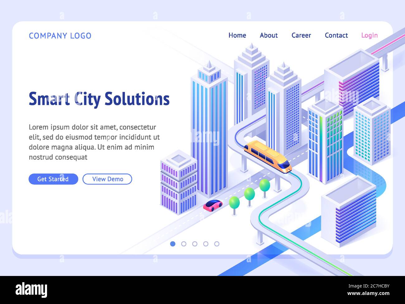 Bannière Smart City solutions. Développement durable, innovation dans les infrastructures urbaines. Page d'accueil Vector avec illustration isométrique de ville moderne avec gratte-ciel, train monorail et route de voiture Illustration de Vecteur