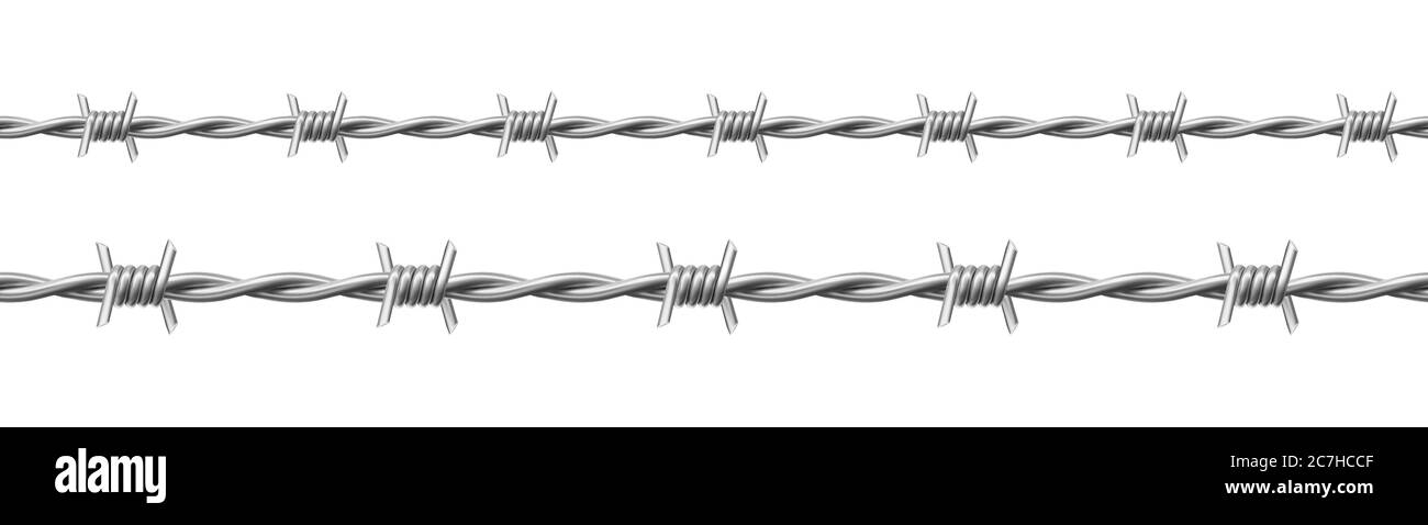 Jeu de barbelés en acier, fil torsadé avec barbelés isolés sur fond blanc. Vecteur réaliste cadre sans couture de chaîne métallique avec épines acérées pour la clôture de prison, la ligne de sécurité, la frontière militaire Illustration de Vecteur