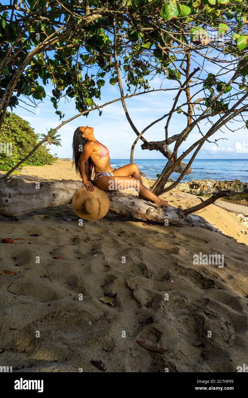 Amérique, Caraïbes, grandes Antilles, République dominicaine, Cabarete, femme assise sur une bûche sur la plage du Natura Cabana Boutique Hotel & Spa Banque D'Images