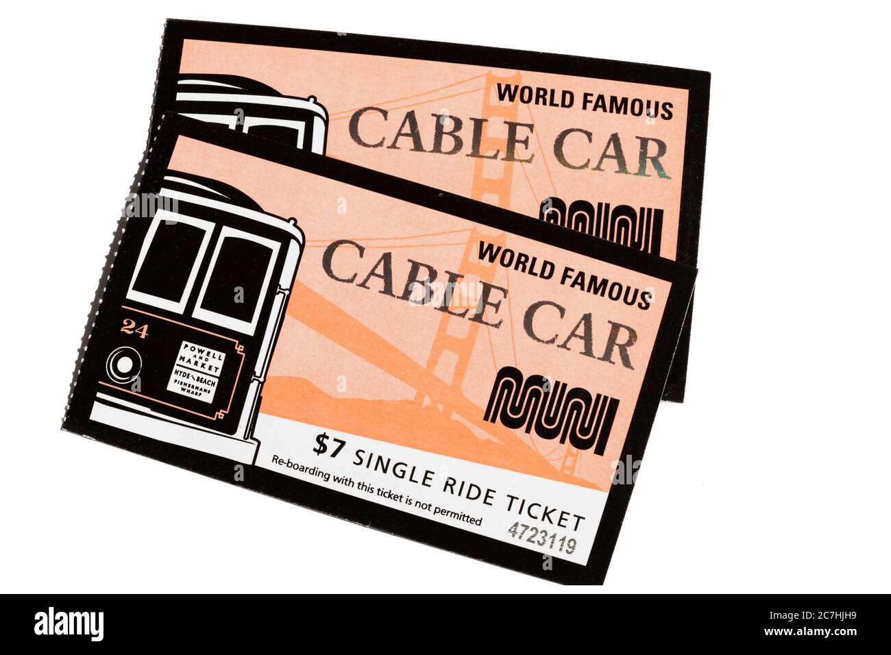 Billets pour les célèbres Cable Cars de San Francisco, Californie, États-Unis. Sur blanc, découpe. Banque D'Images