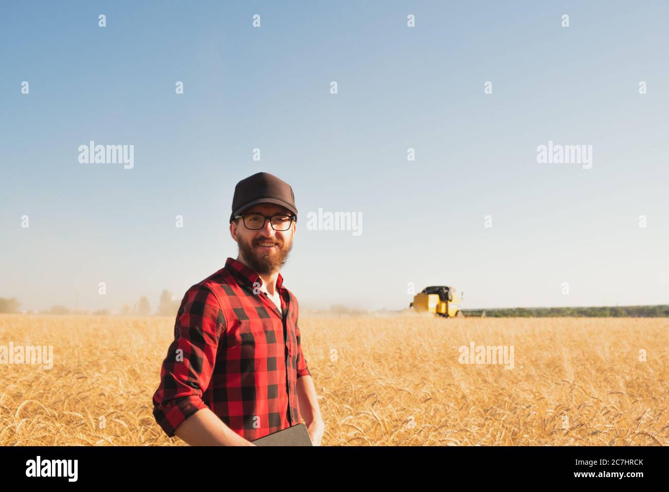 Portrait d'un homme avec un comprimé lin un champ de blé ou de seigle. Agriculteur moderne, gestion d'entreprise agricole, concept de propriétaire d'entreprise local Banque D'Images