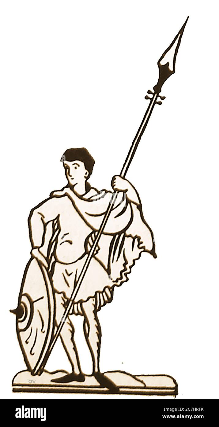 Une ancienne illustration montrant un soldat anglo-saxon avec son brochet et son bouclier. Entre 449 et 1066 ans après J.-C., un mélange de tribus germaniques, d'habitants locaux, de peuples romano-britanniques et plus tard de colons norses a conduit à la création de la nation anglaise. Les guerriers anglo-saxons étaient en réalité issus de nombreuses races, ou du moins d’origines raciales. Comme on peut le voir, ce soldat n'a pas de casque (les casques n'étaient pas régulièrement portés par les soldats anglo-saxons ordinaires, du moins jusqu'à l'ère du XIe siècle). Banque D'Images