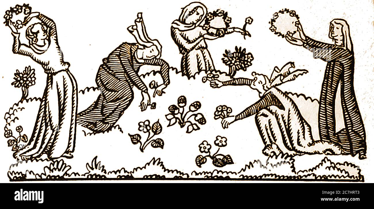 Une vieille coupe de bois représentant les femmes médiévales anglaises cueillant des fleurs et faisant des courons, des chapelettes, des courons ou des chaînes de pâquerettes. Ils étaient traditionnellement portés lors de fêtes ou de fêtes, en particulier pendant les pageants et les cérémonies. Aujourd'hui, ils ont vu un renouveau comme un signe de paix, (pouvoir floral) dans les années soixante et dans les festivals de musique Banque D'Images