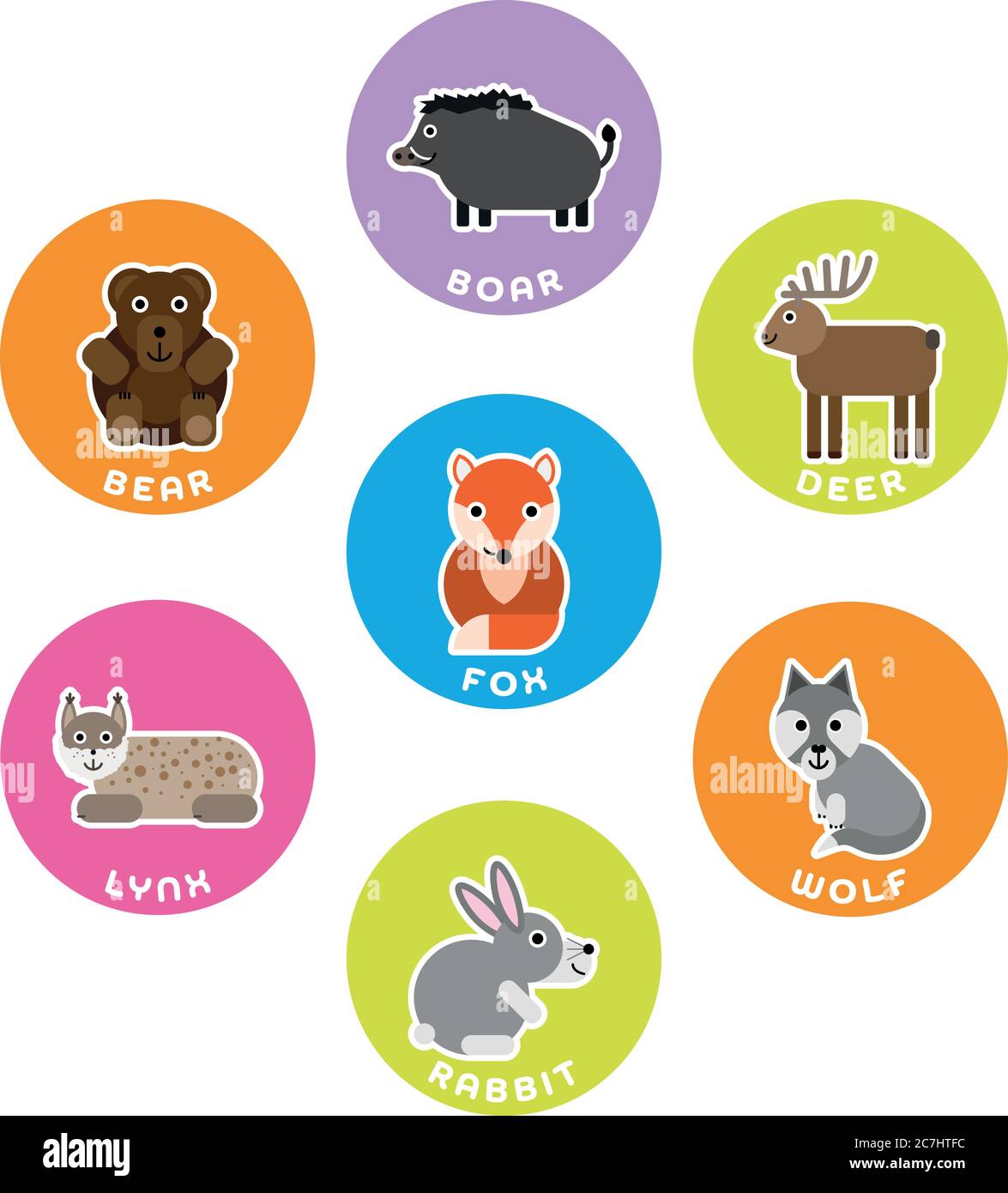 Collection d'animaux sauvages de la forêt. Jeu de 7 caractères de dessin animé dans le cercle avec des étiquettes de nom. Illustration vectorielle. Illustration de Vecteur