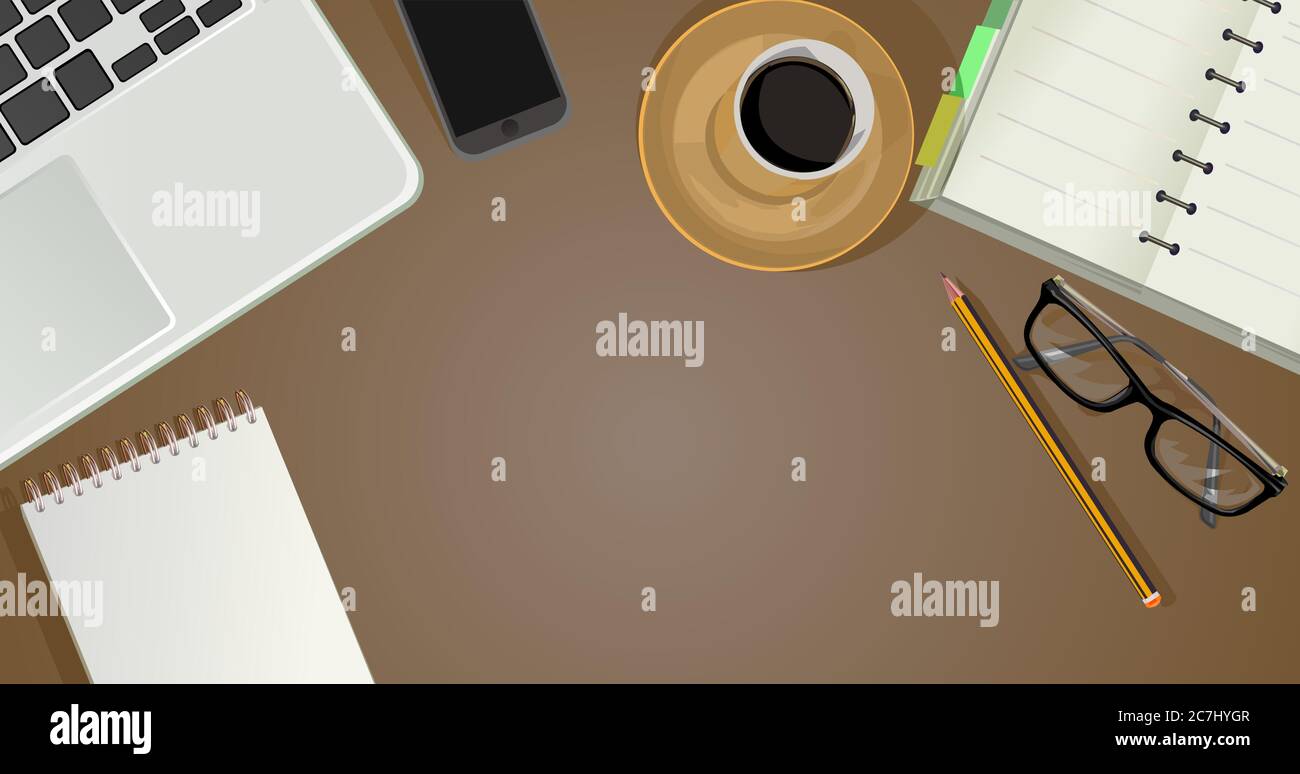 Ordinateur de bureau. Vecteur d'arrière-plan de la vue de dessus du bureau. Fournitures. Concepteur de lieu de travail. Table de travail, espace de travail. Lieu de travail et papeterie. Illustration de Vecteur