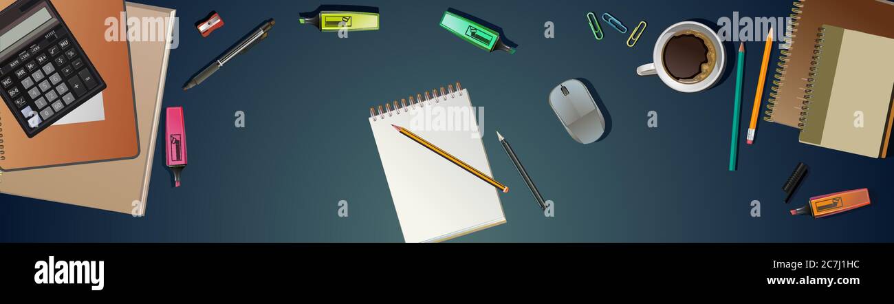 Fournitures de bureau sur le bureau. Image d'arrière-plan vectorielle. Table, fournitures créatives. Bureau, espace de travail dans l'armoire. Illustration de Vecteur