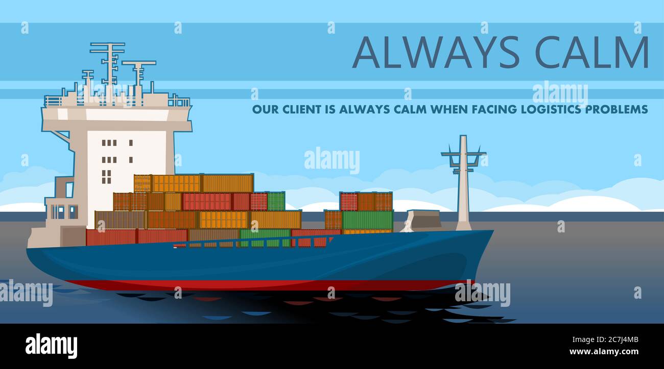 Navire de cargaison. Vecteur. Services logistiques mer et océan. Conteneurs de transport de navires. Motif dessin animé plat. Objet isolé. Transport de bateau. Signature. Illustration de Vecteur