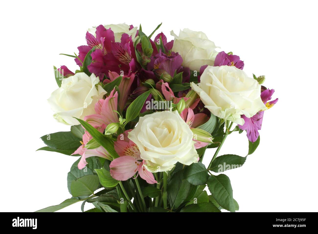 Bouquet de grandes roses blanches, fleurs d'alstroemeria roses et lilas isolées sur fond blanc. Gros plan Banque D'Images