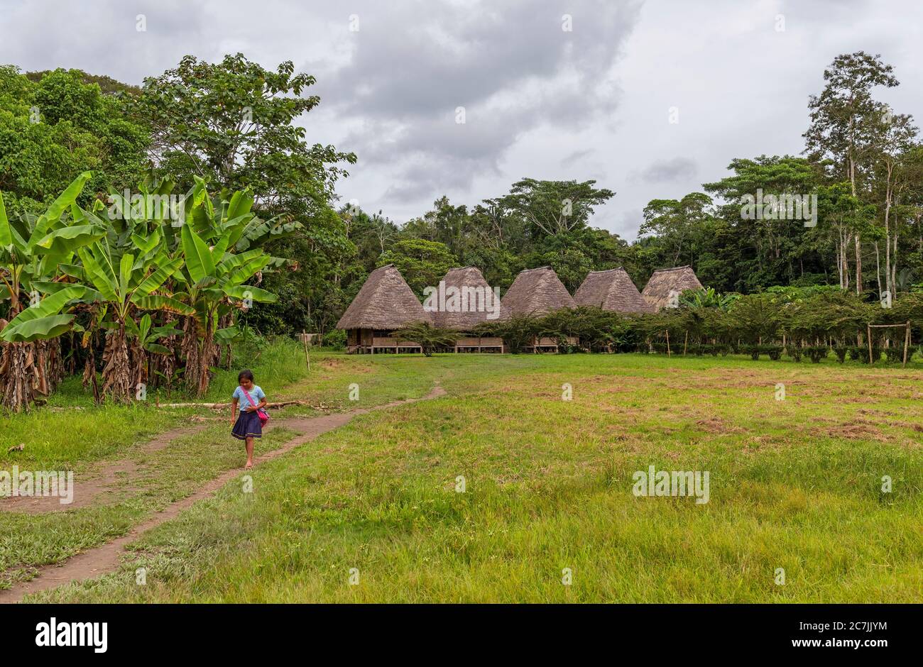 Une jeune fille indigène équatorienne Kichwa allant à l'école dans son village avec l'architecture traditionnelle de cabane, forêt tropicale d'Amazone, parc national de Yasuni, Equateur. Banque D'Images