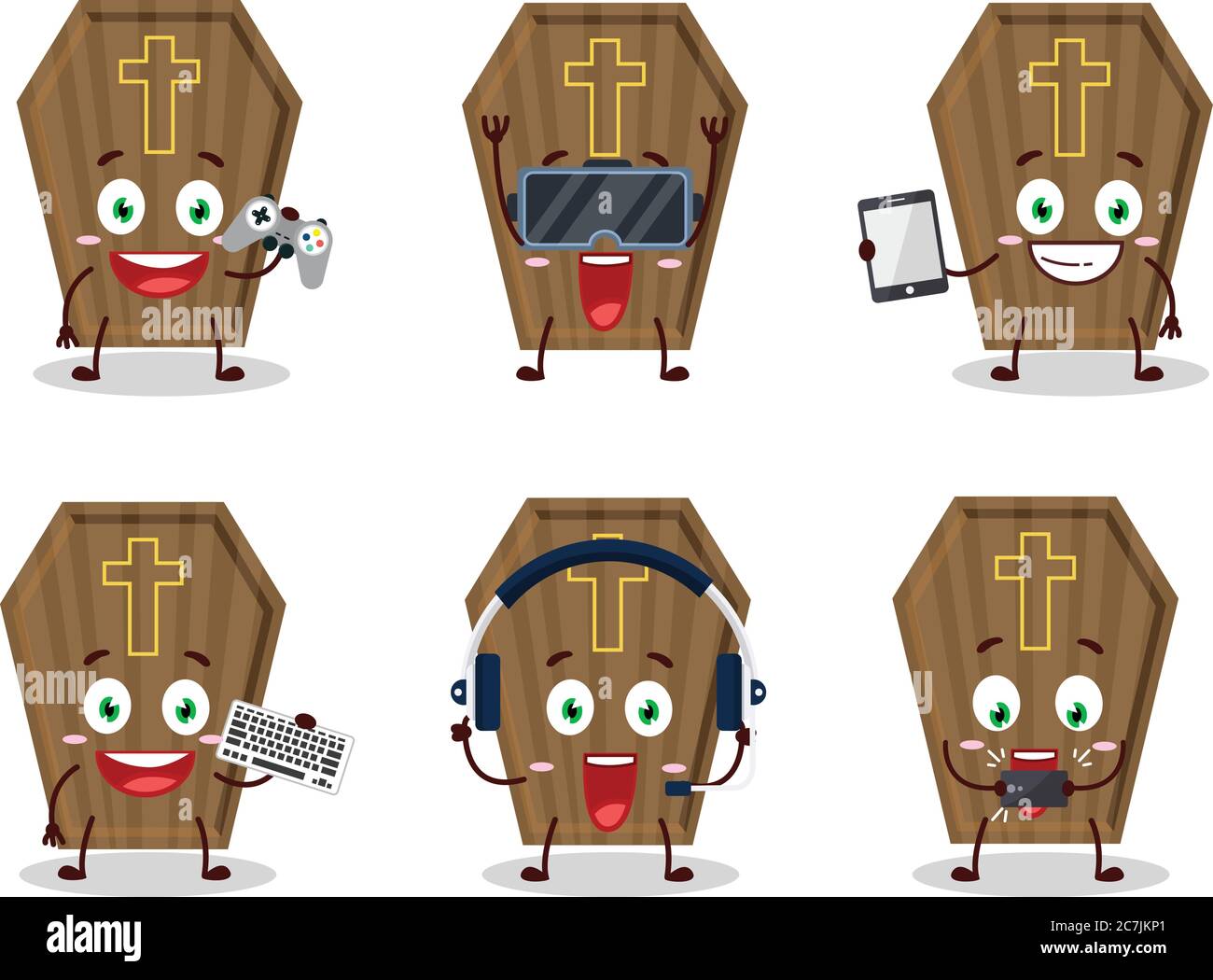 Le personnage de dessin animé de cercueil joue à des jeux avec diverses émoticônes mignons Illustration de Vecteur