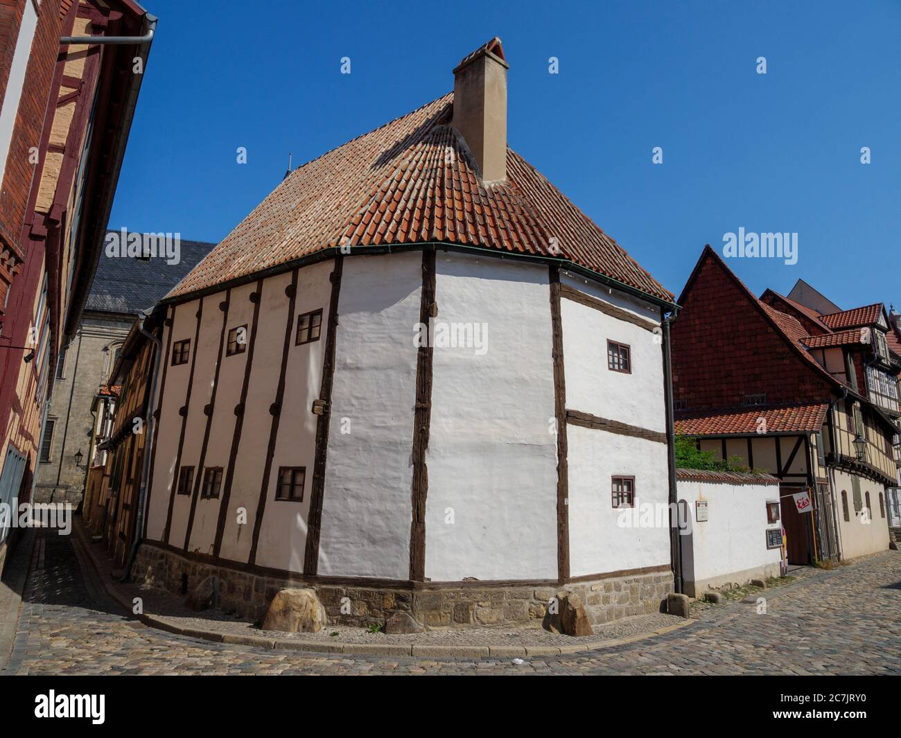 Musée à colombages dans un bâtiment de haute hauteur, vieille ville de Quedlinburg, patrimoine mondial de l'UNESCO, Saxe-Anhalt, Allemagne Banque D'Images