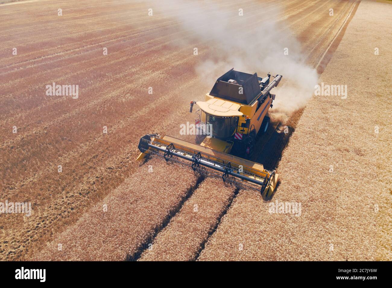 vue aérienne d'une moissonneuse-batteuse moderne en action, mettant fin à la récolte d'un champ de blé Banque D'Images