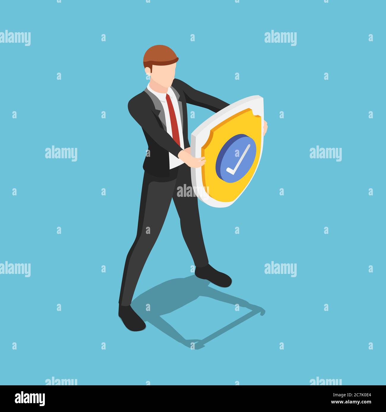 L'homme d'affaires isométrique 3d plat est muni d'un bouclier avec une coche. Protection des entreprises sécurité et assurance concept. Illustration de Vecteur