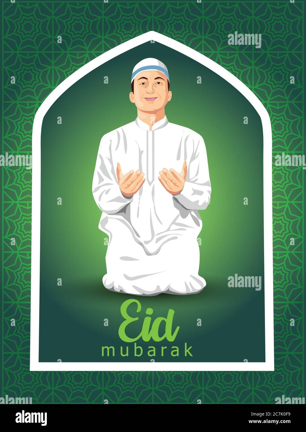 Croquis dessiné à la main de l'homme musulman qui priait avec la calligraphie de l'illustration d'Eid Mubarak. Illustration de Vecteur