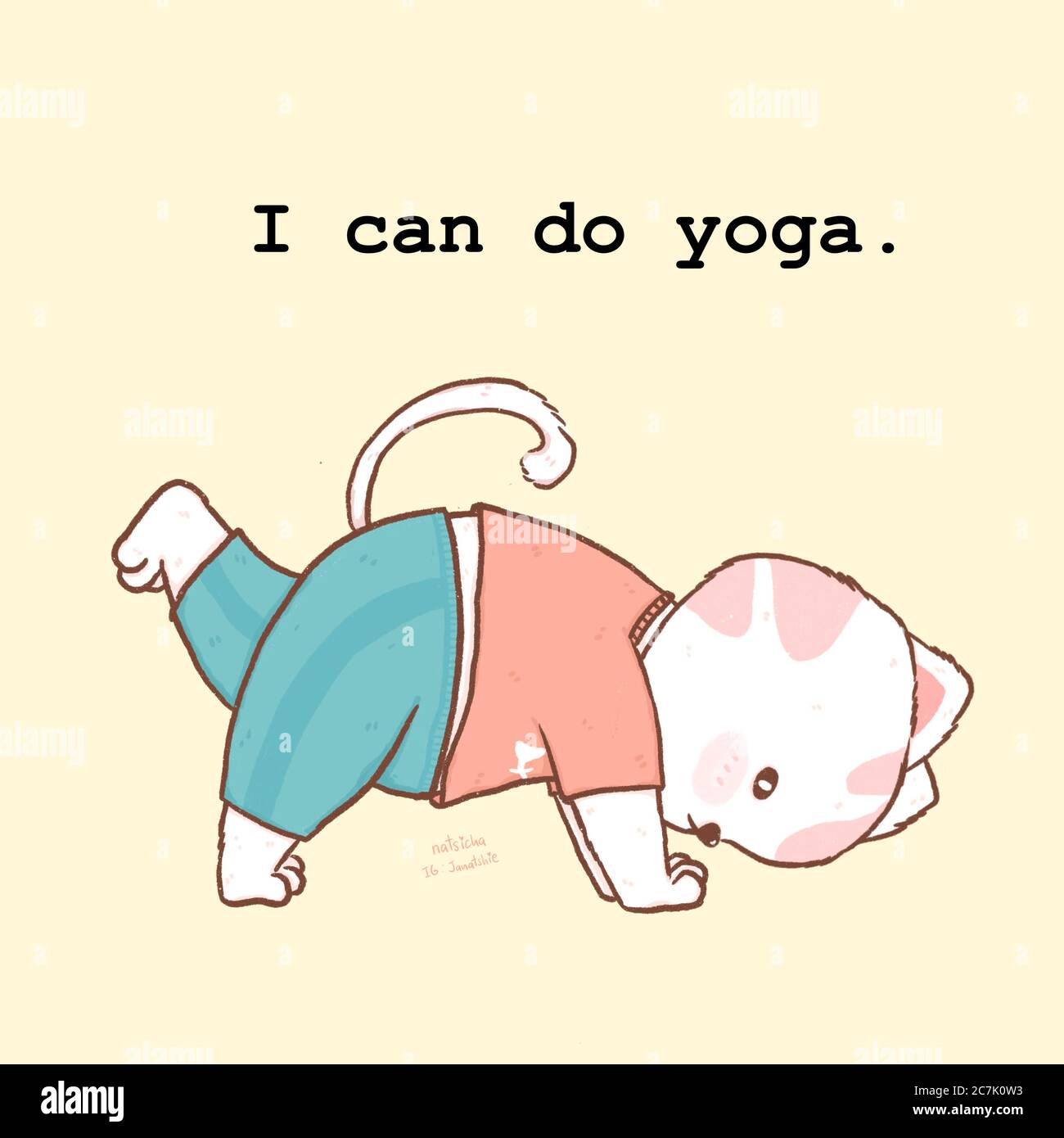 Mignon gros blanc chat faire yoga chien pose vers le bas avec je peux faire le mot de yoga, idée pour carte de voeux, yoga trucs impression Banque D'Images
