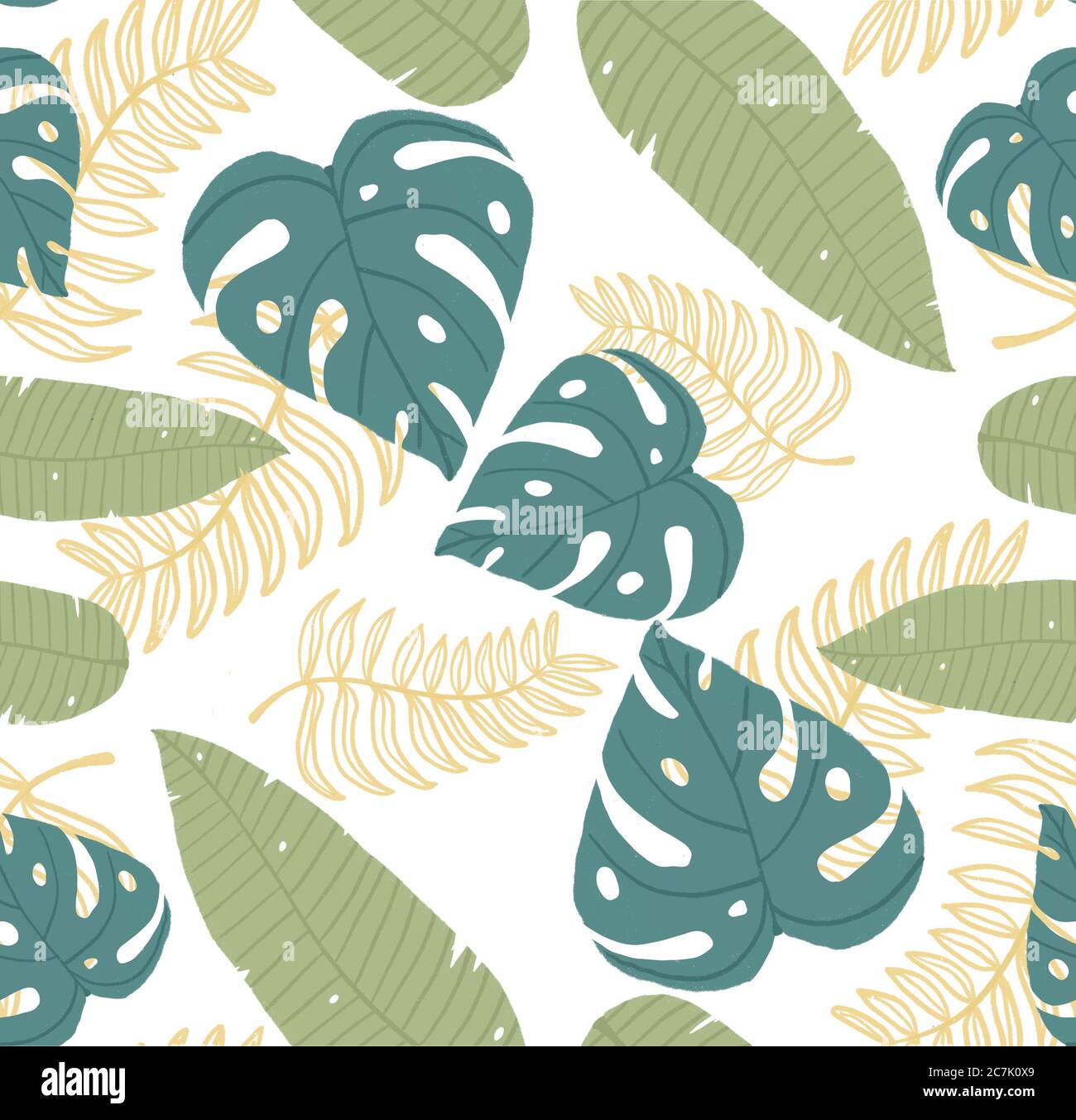 Été tropical vert monstère et motif de feuille de banane fond d'illustration sans couture Banque D'Images