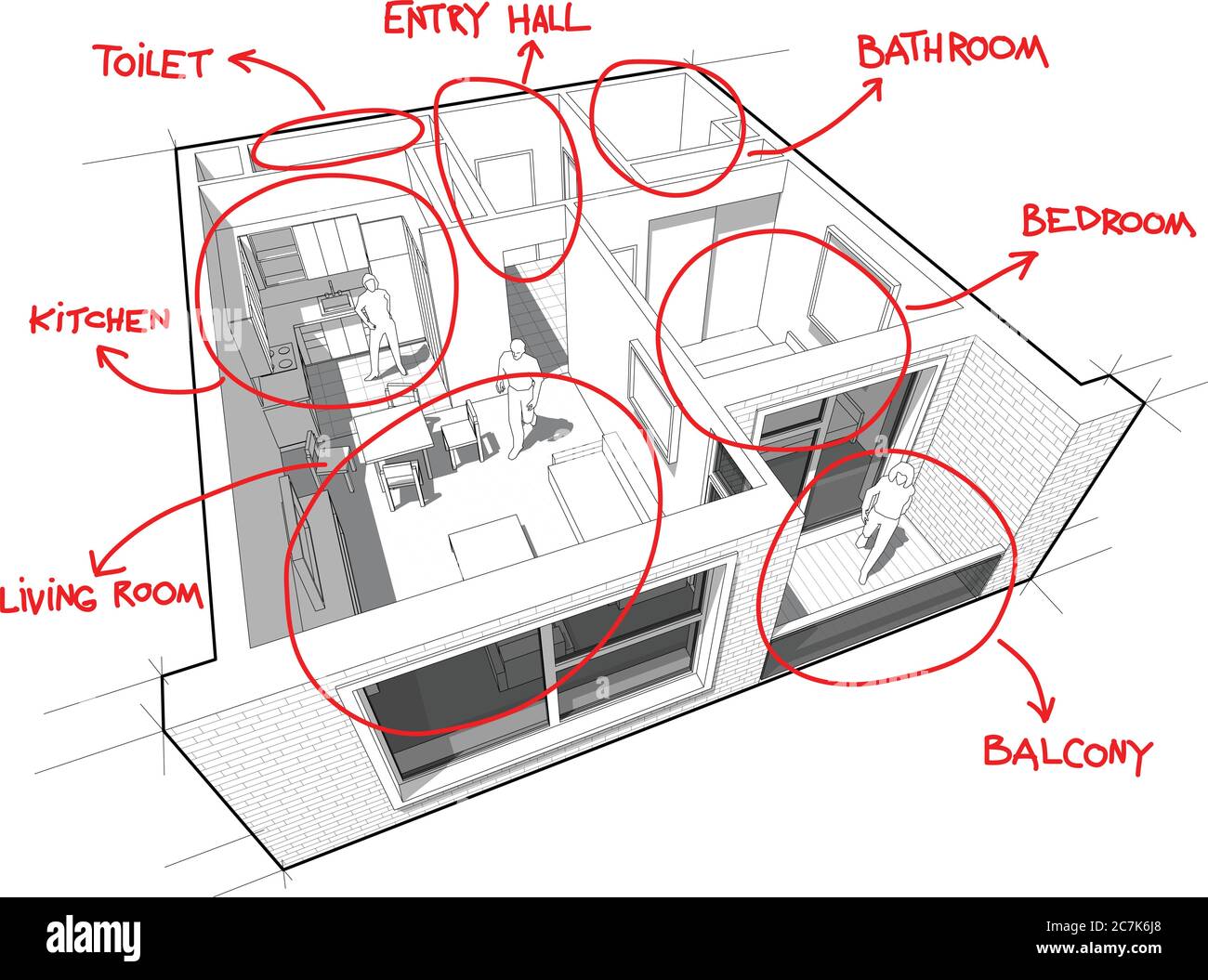 Vue en perspective d'un appartement 1 chambre, entièrement meublé avec des définitions rouges de pièce dessinées à la main Illustration de Vecteur